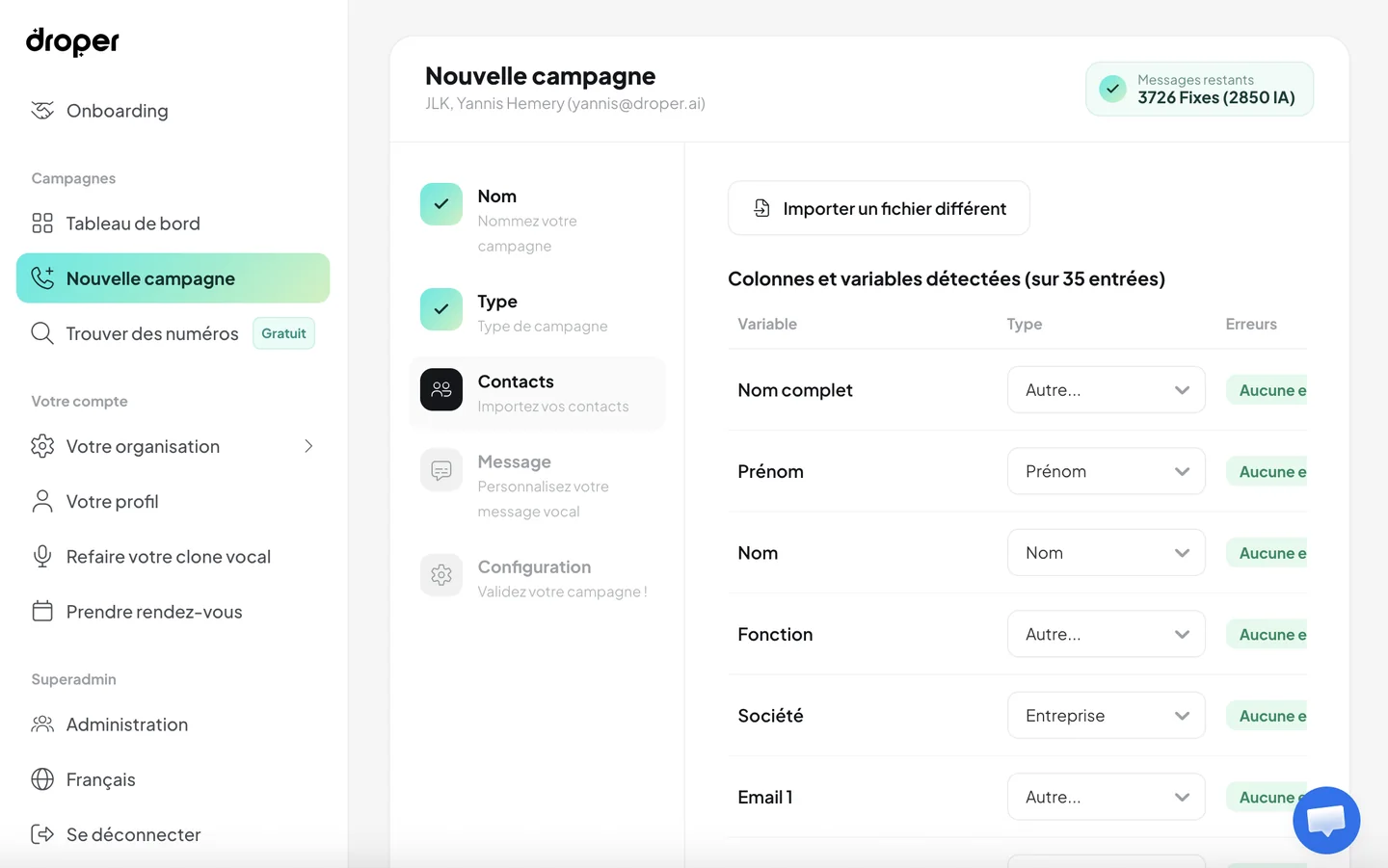 Import des contacts d’une nouvelle campagne : les colonnes
                    du fichier et les variables détectées.